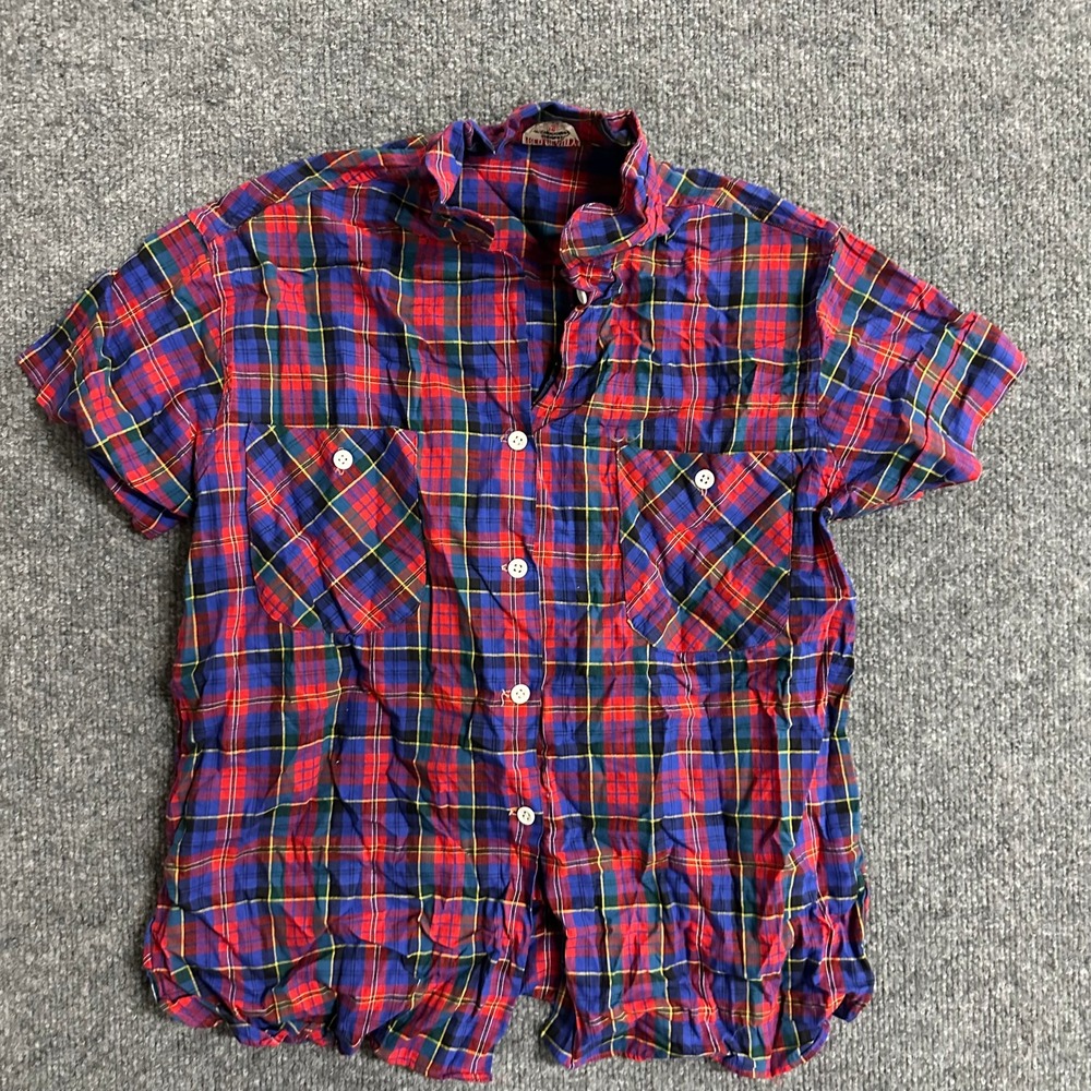 Red Beauty Plaid Shirt Womens Size 34 Multicolor Vintage Short Sleeve Button Up